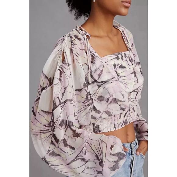 BY ANTHROPOLOGIE Sheer Peasant Top Light Purple Motif Sz Small $98 MSRP Romantic - Picture 5 of 14